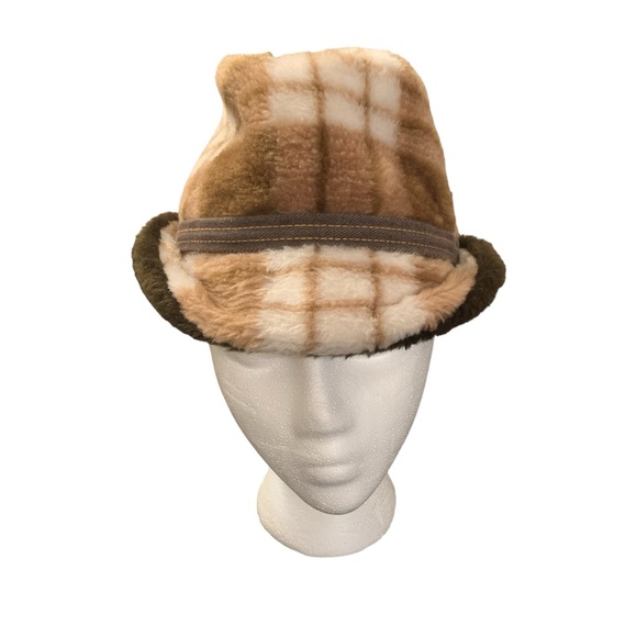 Vintage Faux Fur Brown and White Plaid Fedora Hat with Earflaps and Feather - Picture 6 of 8